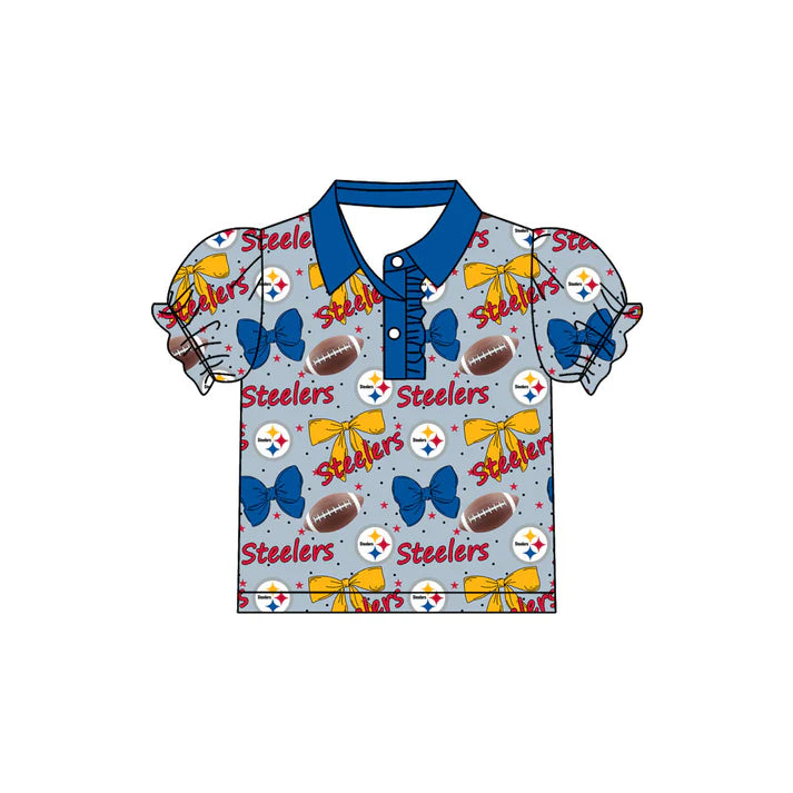 Preorder(moq 5)Baby Girls Steelers Bows Team Short Sleeve Tee Pullovers Polo Shirts Tops 7.22