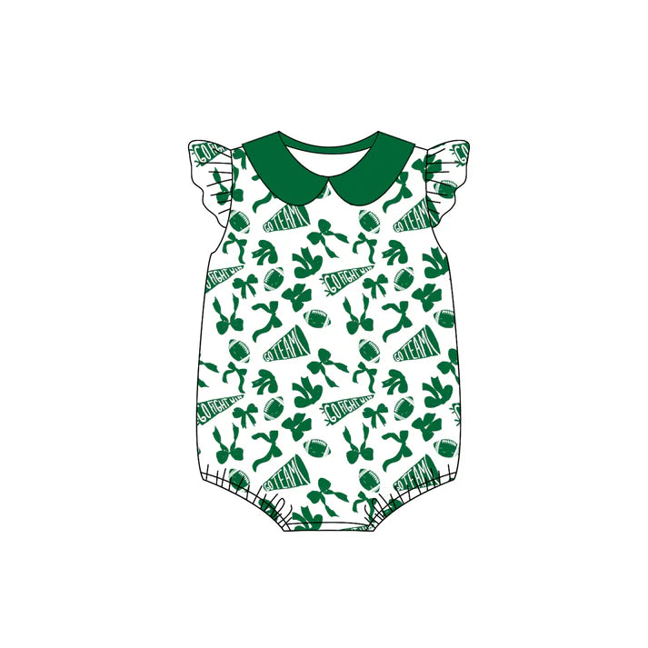 preorder(moq 5)Baby Infant Girls Green Team Bow Flutter Sleeve Rompers 8.1