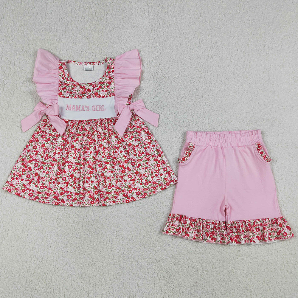 Baby Girls Clothes Embroidery Mama's Girls Flowers Tunic Pockets Ruffle Shorts Clothes Set GSSO3131