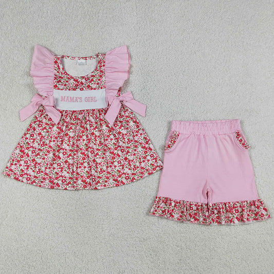 Baby Girls Clothes Embroidery Mama's Girls Flowers Tunic Pockets Ruffle Shorts Clothes Set GSSO3131