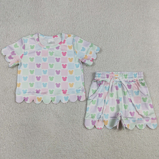 Baby Girls Clothes Cartoon Mouses Checked Top Short Scallop Clothes Sets GSSO3496