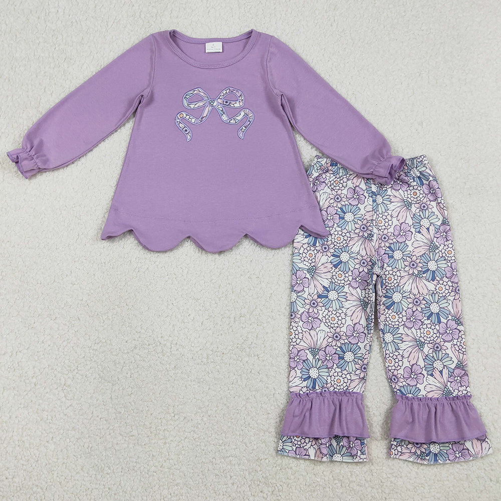 Baby Girls Clothes Embroidery Floral Bows Purple Scallop Tunic Ruffle Pants Clothes Sets GLP3019 1.8