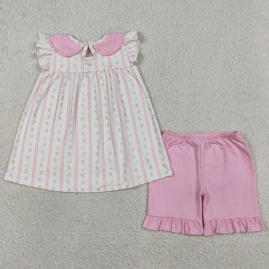 Baby Girls Clothes Pink Flowers Stripe Collar Tunic Ruffle Shorts Clothes Sets GSSO3363