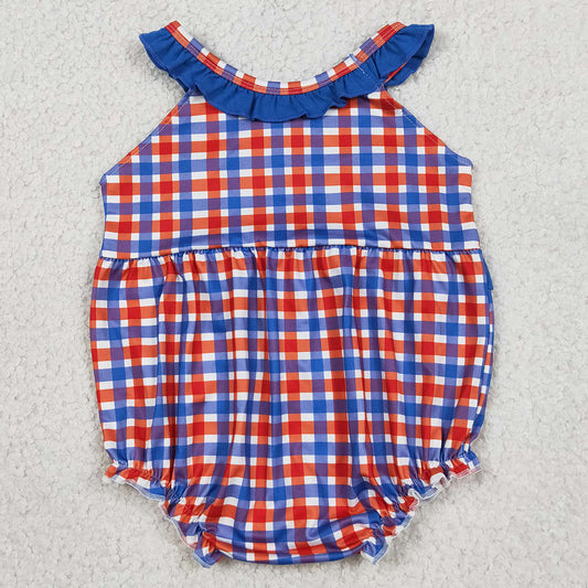 Baby Girls Rompers Embroidery Cow Pig House Red Blue Checked Farm Ruffle Rompers SR3835