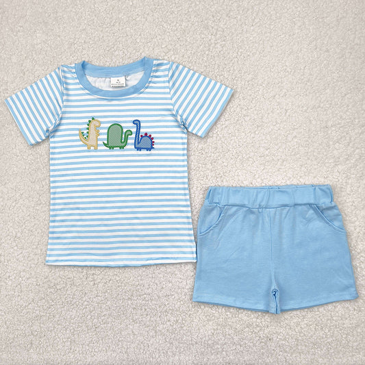 Embroidery Baby Boys Clothes Blue Dinosaurs Shirt Tops Shorts Clothes Sets BSSO1375 4.10