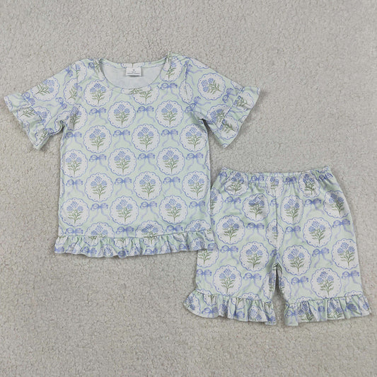 Baby Girls Clothes Blue Bows Flowers Top Ruffle Shorts Pajamas Clothes Sets GSSO3323
