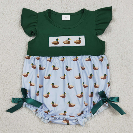 Baby Girls Rompers Embroidery Ducks Green Flutter Sleeve Hunting Ruffle Rompers SR4091