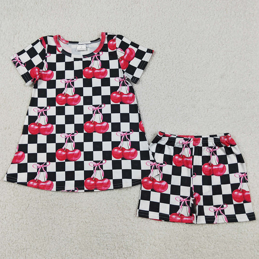 Baby Girls Clothes White Black Checked Cherry Tunic Shorts Clothes Sets GSSO3075
