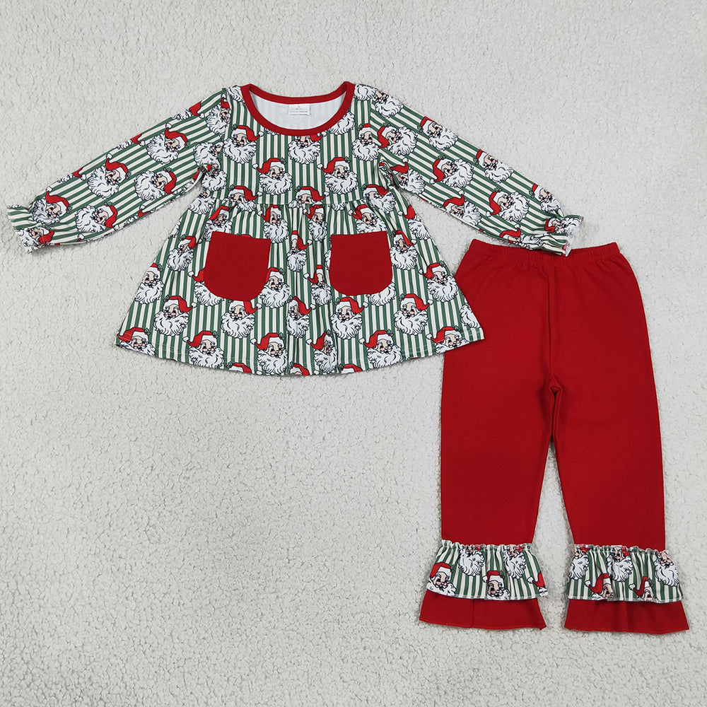 Baby Girls Clothes Green Stripe Santa Pockets Tunic Ruffle Pant Christmas Clothes Set GLP3454