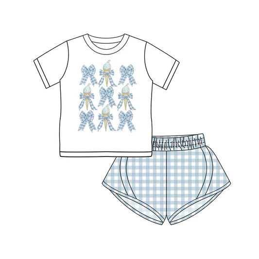 Preorder (moq 5)Baby Girls Short Sleeves Bows Ice Cream Top Blue Plaid Yoga Short Set 5.13