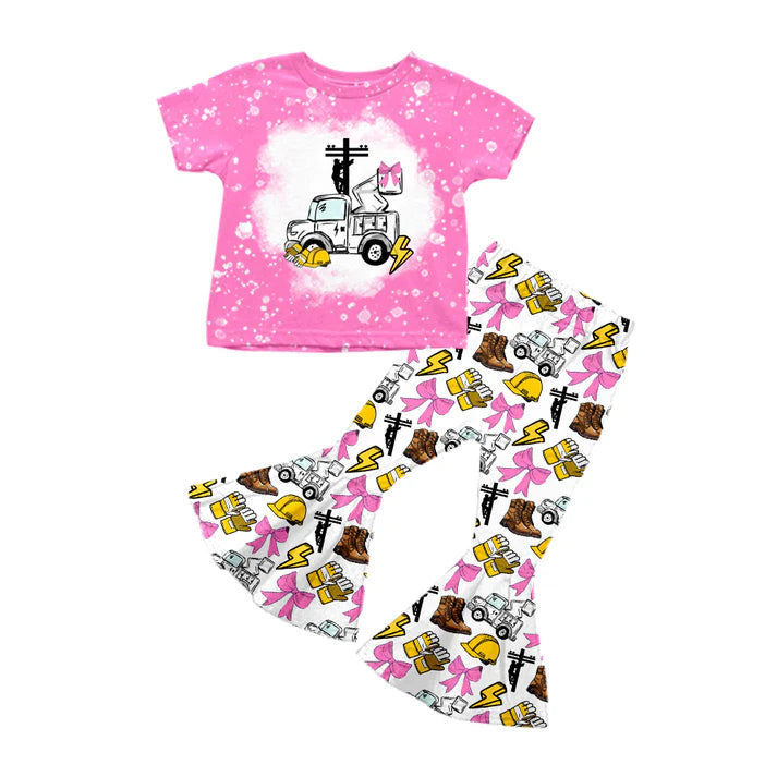 Preorder (moq 5)Baby Girls Pink Short Sleeves Line Men Top Lightning Bell Bottom Pant Set 5.12