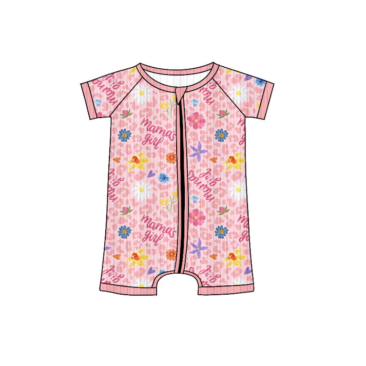 Preorder (moq 5)Baby Girls Long Sleeves Pink Short Sleeves Mama's Girls Flowers Zipper Romper 7.3