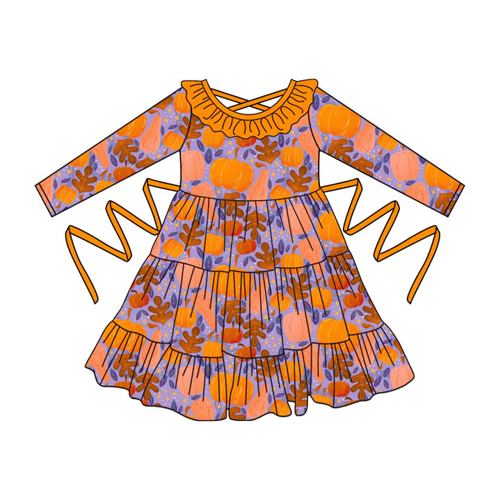 Preorder moq 5 Baby Girls Orange Long Sleeves Leaves Pumpkins With Belt Ruffle Knee Length Dresses 5.2