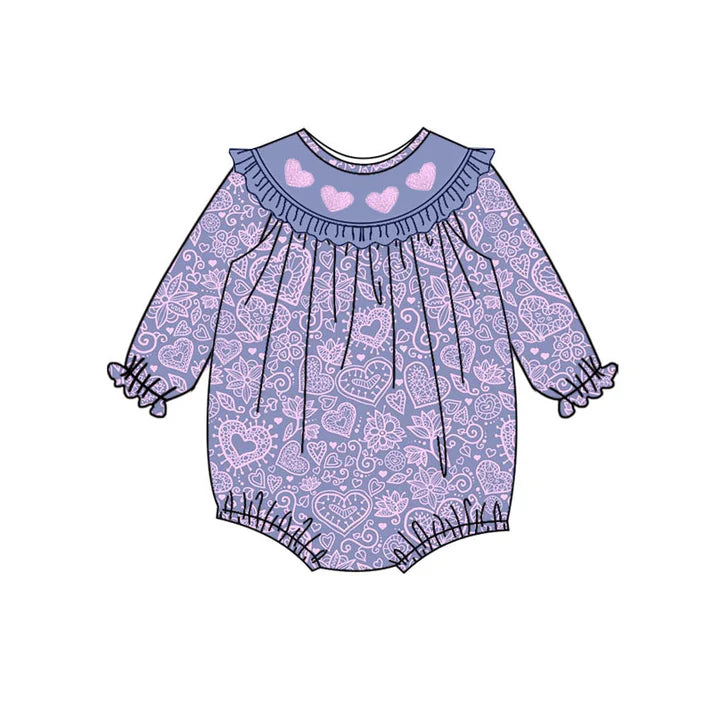Preorder (moq 5)Baby Girls Lavender Hearts Flowers Valentine Ruffle Collar Rompers 10.23