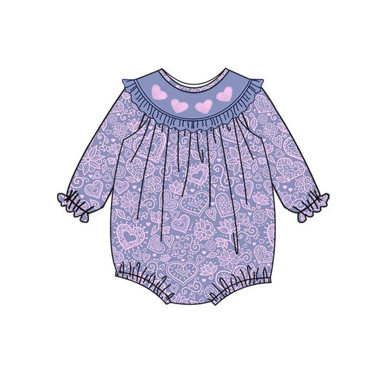 Preorder (moq 5)Baby Girls Lavender Hearts Flowers Valentine Ruffle Collar Rompers 10.23