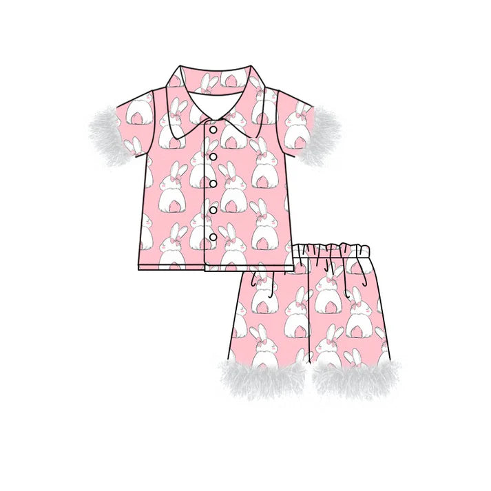 Preorder (moq 8)Baby Girls Pink Rabbits Button Top Shorts Easter Fur Pajamas Sets 9.17
