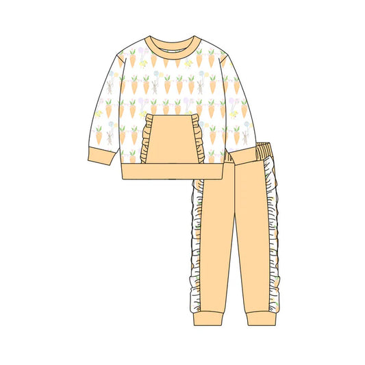 Preorder(moq 5) Baby Girls Carrots Rabbits Pocket Top Ruffle Pants Easter Clothes Sets 10.31