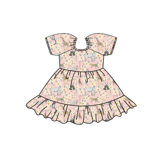 Preorder (moq 5)Baby Girls Zoo Animals Flowers Ruffle Knee Length Dresses 12.2