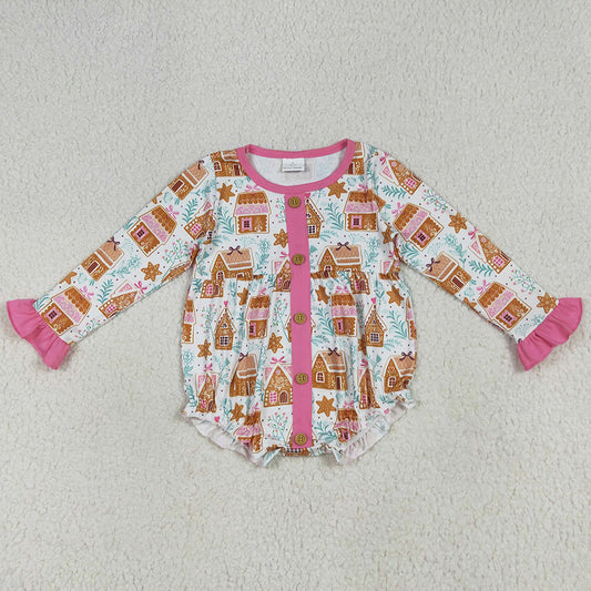 Baby Girls Rompers Christmas Pink Houses Snowflake Button Ruffle Rompers LR2282 7.7