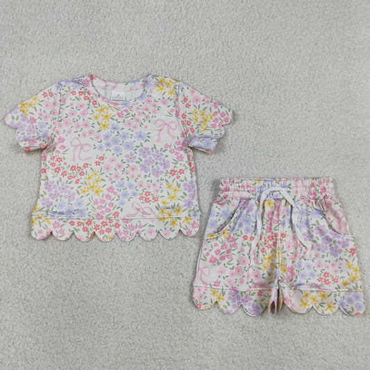 Baby Girls Clothes Colorful Flowers Bows Top Pockets Shorts Scallop Clothes Sets GSSO3270