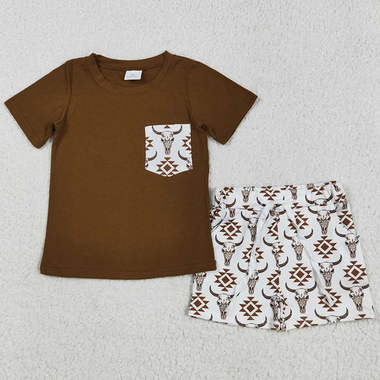Baby Boys Clothes Brown Pocket Top Aztec Cow Shorts Clothes Sets BSSO1319 5.1