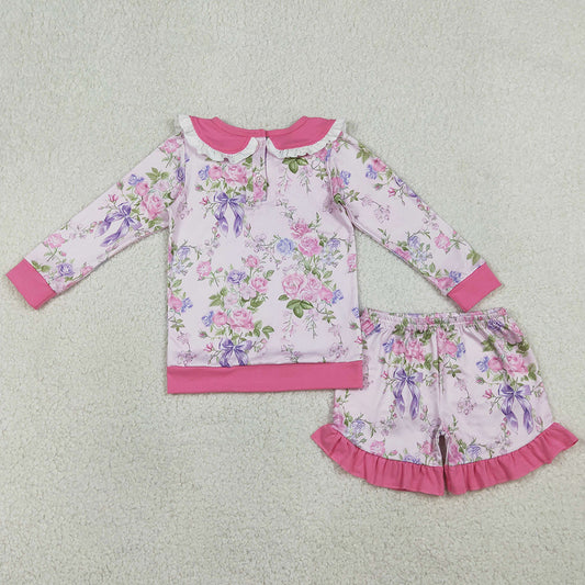 Baby Girls Clothes Pink Flowers Collar Top Ruffle Shorts Clothes Sets GLS0082