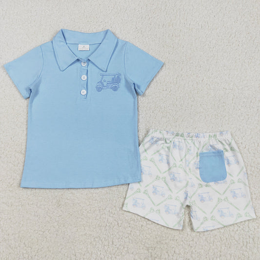 Embroidery Baby Boys Clothes Blue Short Sleeves Button Golf Top Pocket Shorts Sets BSSO1494 5.1