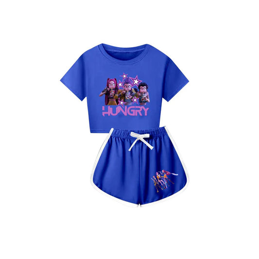 Preorder(moq 5) Baby Girls Cartoon Girls Hungry Top Shorts Hot Blue Clothes Sets 10.4