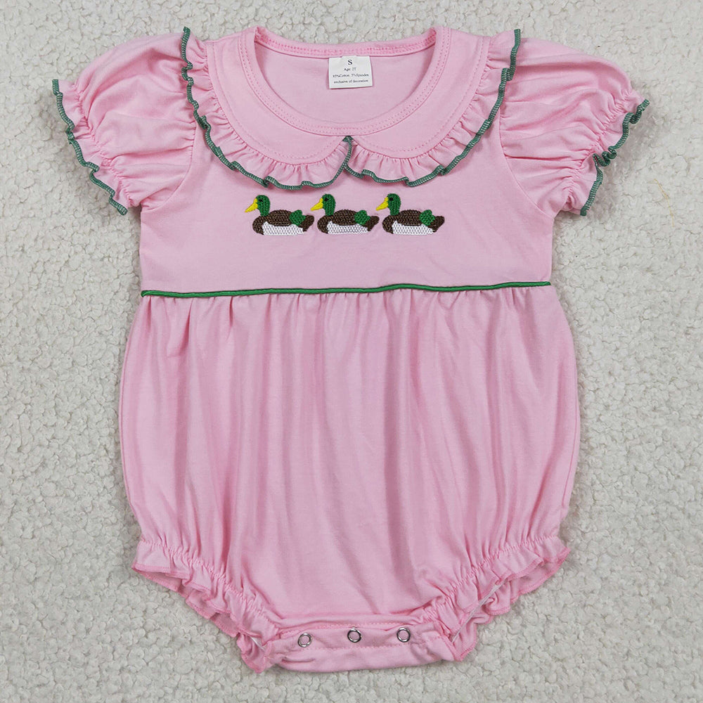 Baby Girls Rompers Embroidery Ducks Pink Collar Hunting Ruffle Rompers SR3532