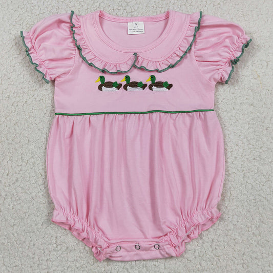 Baby Girls Rompers Embroidery Ducks Pink Collar Hunting Ruffle Rompers SR3532