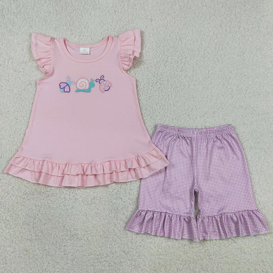 Baby Girls Clothes Embroidery Ladybirds Snails Tunic Ruffle Shorts Clothes Sets GSSO3305