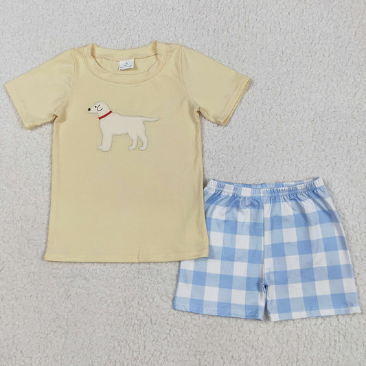 Baby Boys Clothes Yellow Dog Embroidery Top Checkered Shorts Clothes Sets BSSO1058 5.21