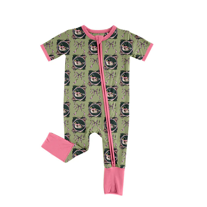 Preorder (moq 8)Baby Girls Bows Ducks Checked Western Zipper Footie Rompers 9.19