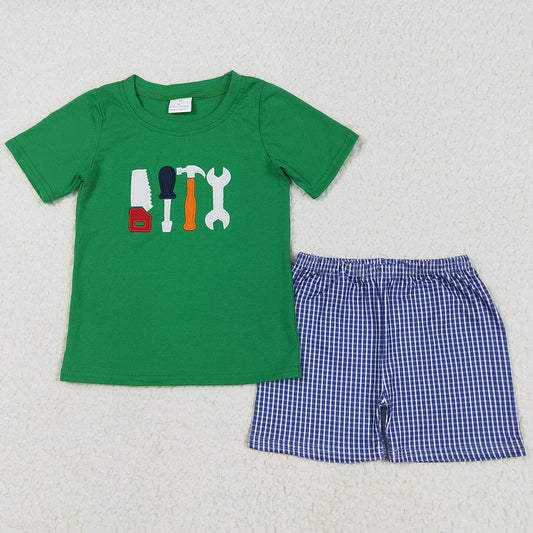Embroidery Baby Boys Clothes Green Tools Shirts Checkered Shorts Clothes Sets BSSO1066 5.16