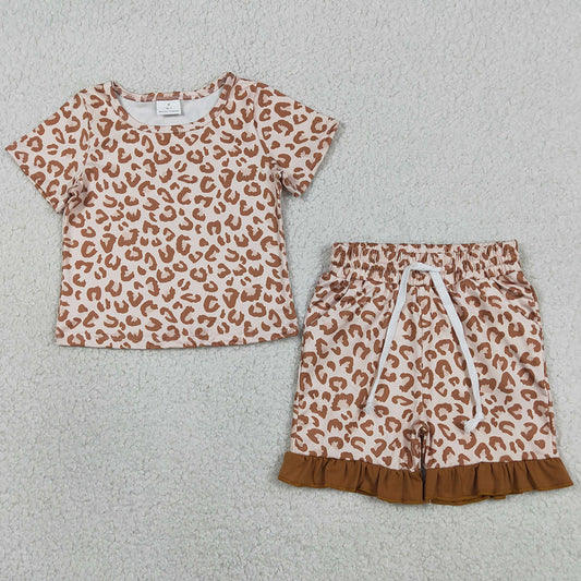 Baby Girls Clothes Khaki Leopard Top Pockets Ruffle Shorts Pajamas Clothes Sets GSSO3292