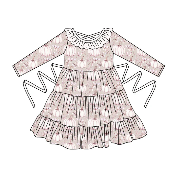 Preorder moq 5 Baby Girls Creamy White Long Sleeves Leaves Pumpkins With Belt Ruffle Knee Length Dresses 5.2