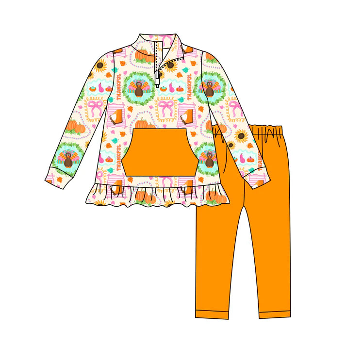 Preorder (moq 5)Baby Girls Long Sleeves Turkey Pumpkins Pocket Zipper Top Legging Pants Set 7.28