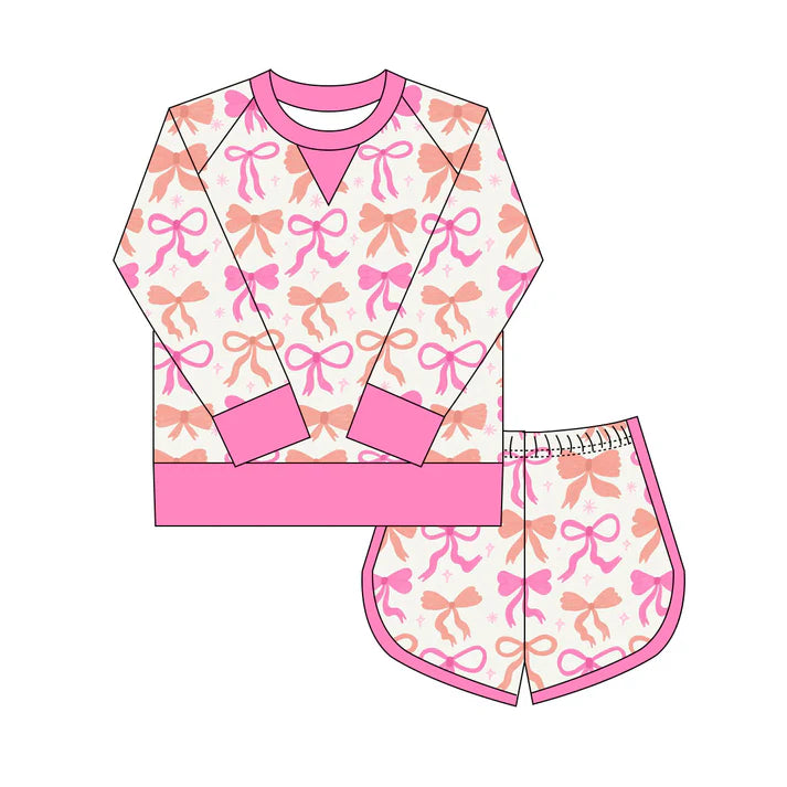 Preorder(moq 8)Baby Girls Orange Pink Bows Stars Long Sleeve Top Shorts Clothes Set 9.29