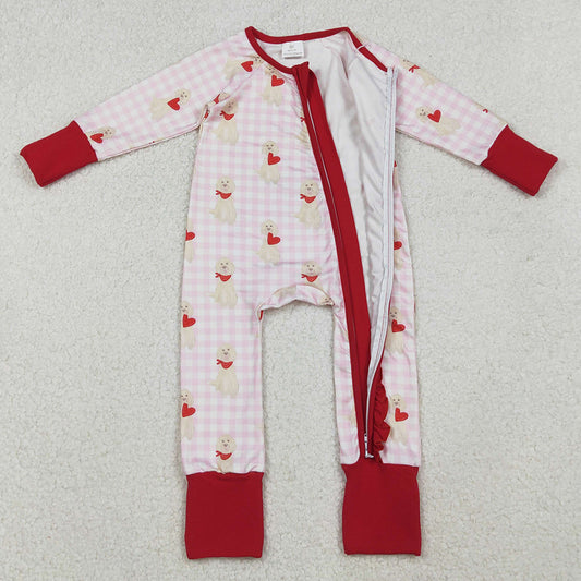 Baby Girls Rompers Pink Checked Dogs Hearts Valentine Ruffle Zipper Footie Romper LR2681 10.13