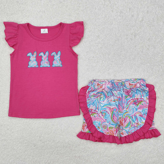Baby Girls Clothes Easter Pink Rabbits Shirt Floral Ruffle Shorts Sets GSSO1466