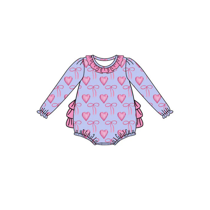 Preorder (moq 8)Baby Girls Pink Bows Hearts Valentine Ruffle Bobble Rompers 9.9