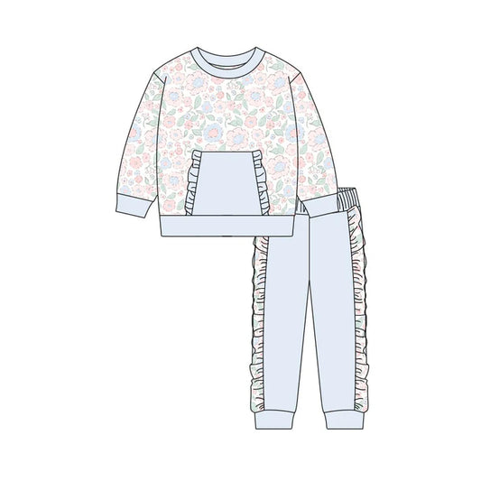 Preorder(moq 5) Baby Girls Light Blue Pink Floral Pocket Top Ruffle Pants Clothes Sets 10.31