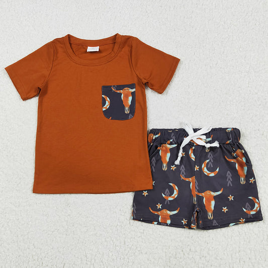 Baby Boys Clothes Brown Shirt Top Cow Stars Western Shorts Clothes Sets BSSO0758 6.6