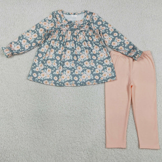 Baby Girls Clothes Long Ruffle Sleeve Flowers Collar Tunic Leggings Pant Clothes Set GLP2776