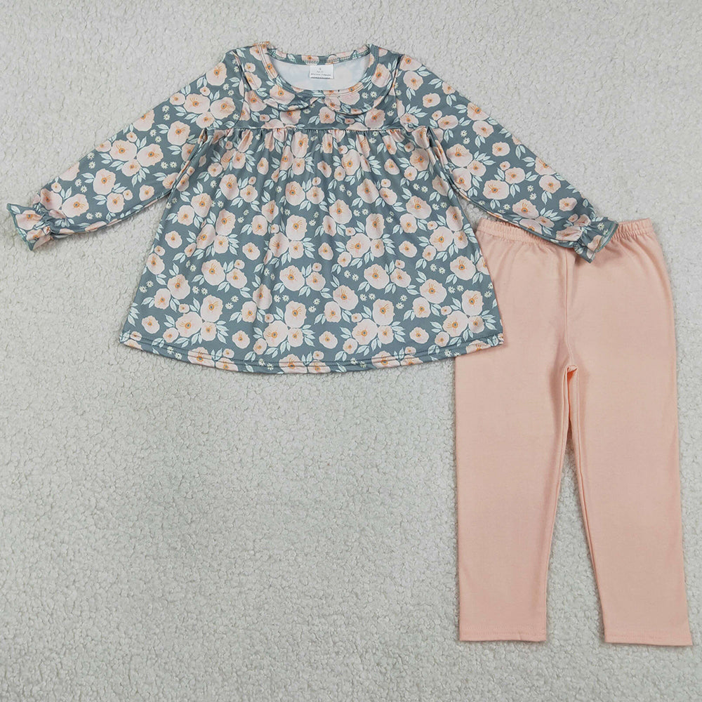 Baby Girls Clothes Long Ruffle Sleeve Flowers Collar Tunic Leggings Pant Clothes Set GLP2776