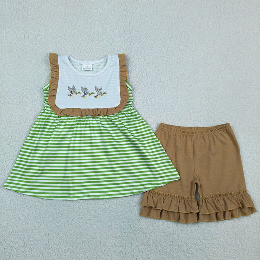 Baby Girls Clothes Embroidery Ducks Sleeveless Stripe Tunic Ruffle Short Clothes Sets GSSO3432