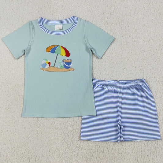 Embroidery Baby Boys Clothes Short Sleeves Beach Top Blue Stripe Shorts Sets BSSO1485 6.19