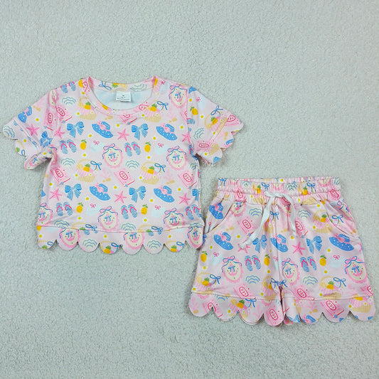 Baby Girls Clothes Beach Flowers Top Pockets Short Scallop Clothes Sets GSSO3657