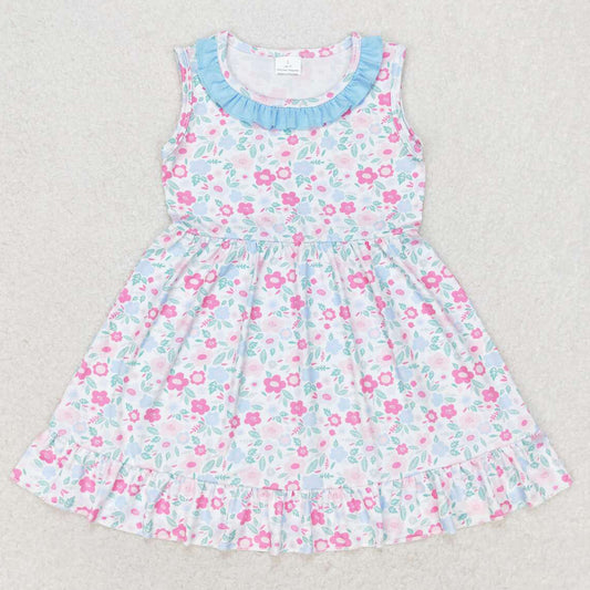 Baby Girls Dress Blue Pink Flowers Sleeveless Knee Length Dresses GSD1102