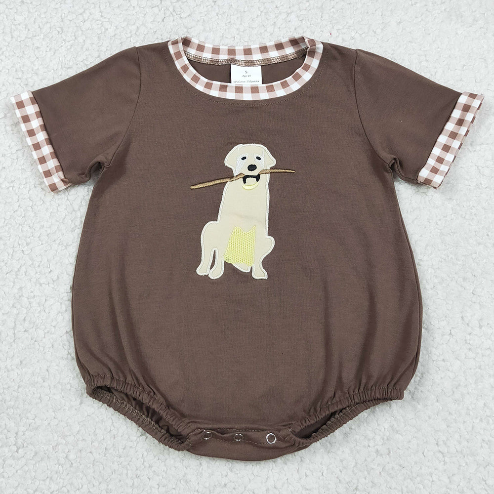 Baby Boys Rompers Embroidery Dogs Leaves Brown Short Sleeve Hunting Rompers SR3470